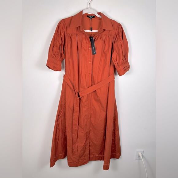 NWT Beulah Button Front Midi Shirt Dress Puff Sleeve Taylor Dress Orange Small - Picture 1 of 9